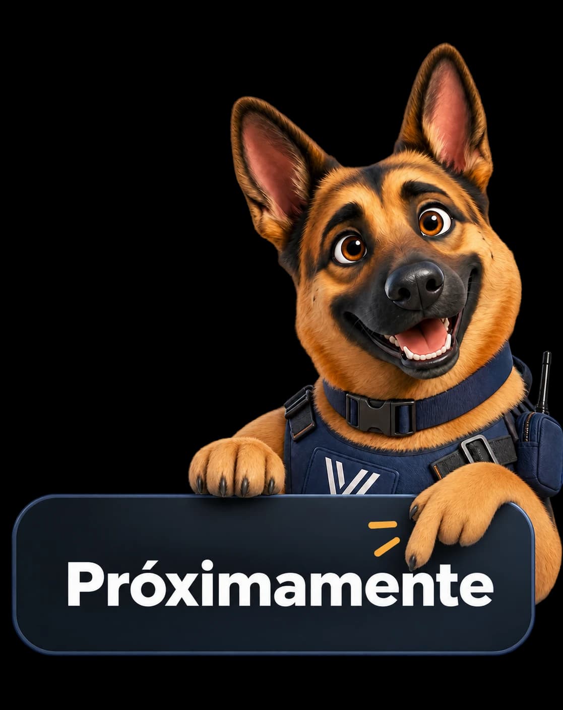 Max, la mascota de Academia Vivento, sostiene un cartel que dice «Próximamente».